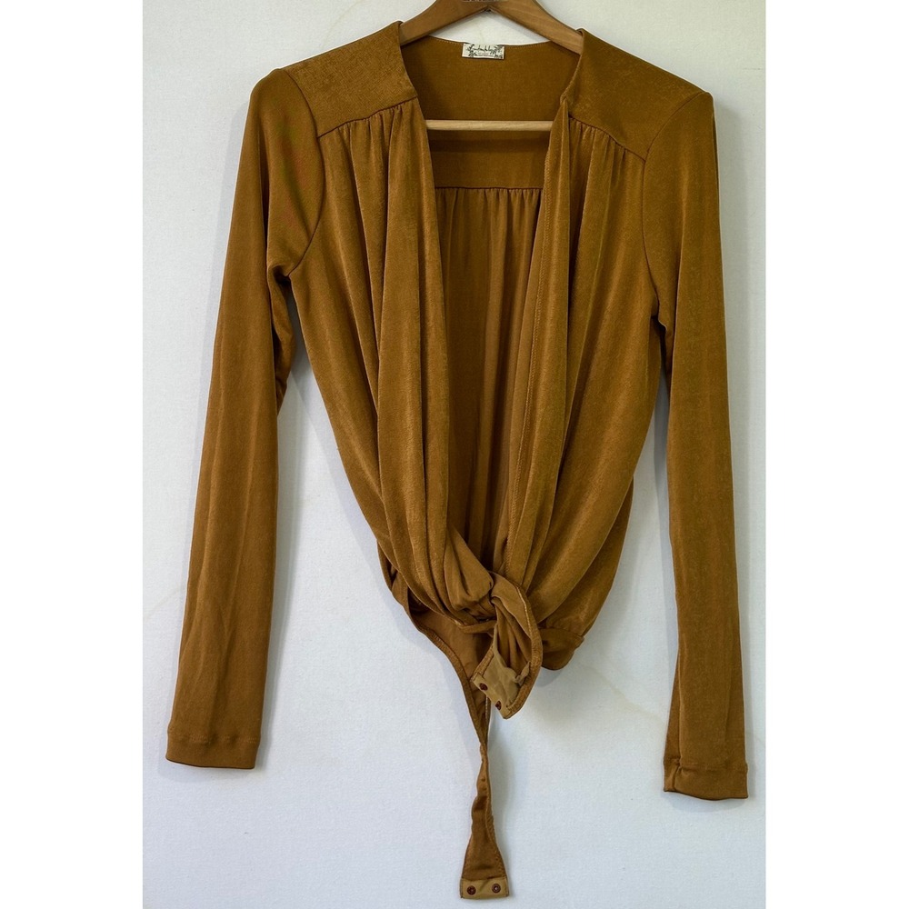 Intimately Free People Blouse Bodysuit Draped Plunge Neck Womens L Gold